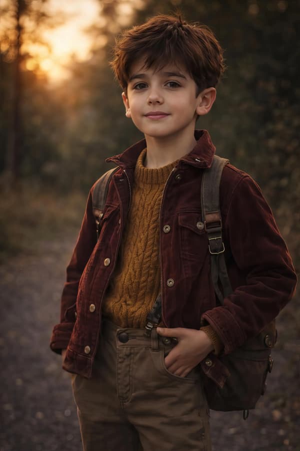 Boy in vintage outfit at sunset