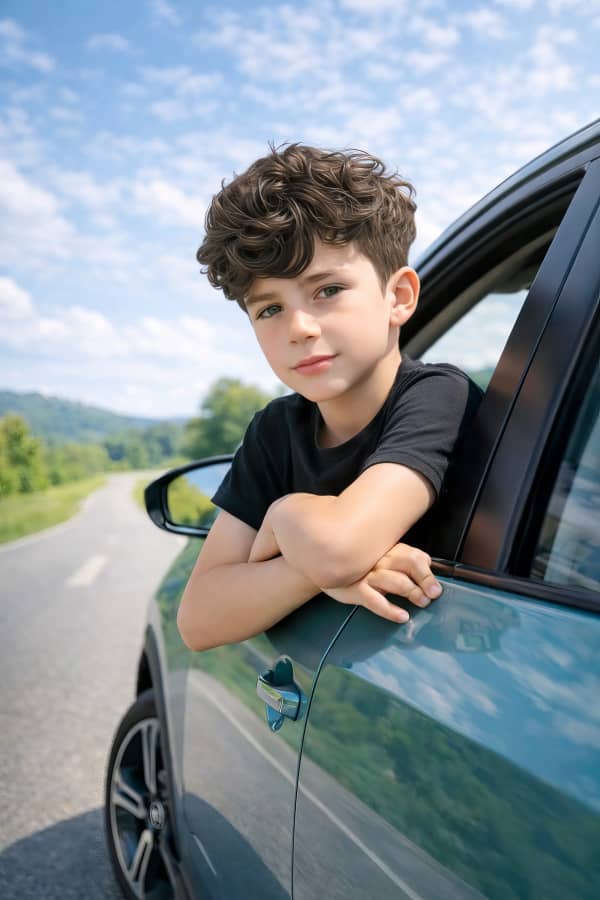 Boy looking out of car window