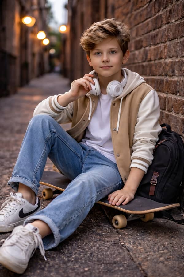 Boy sitting on sidewalk