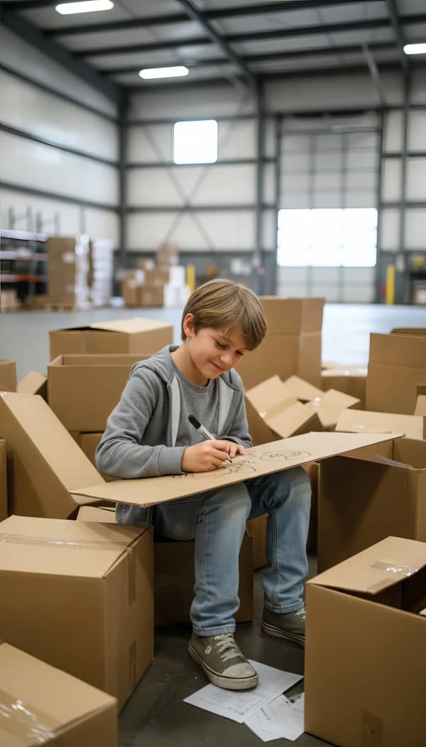 Boy sitting among boxes