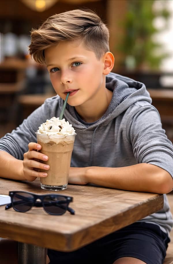 Boy drinking iced coffee at cafe