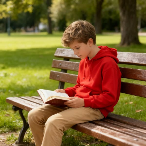 Boy reading on red bench