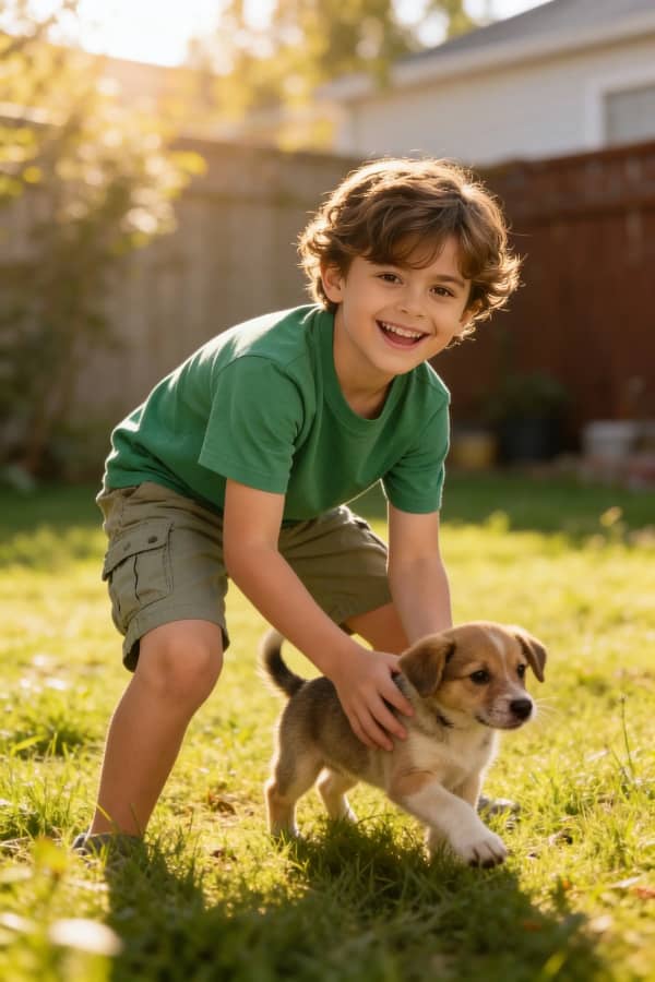 Boy playing with puppy