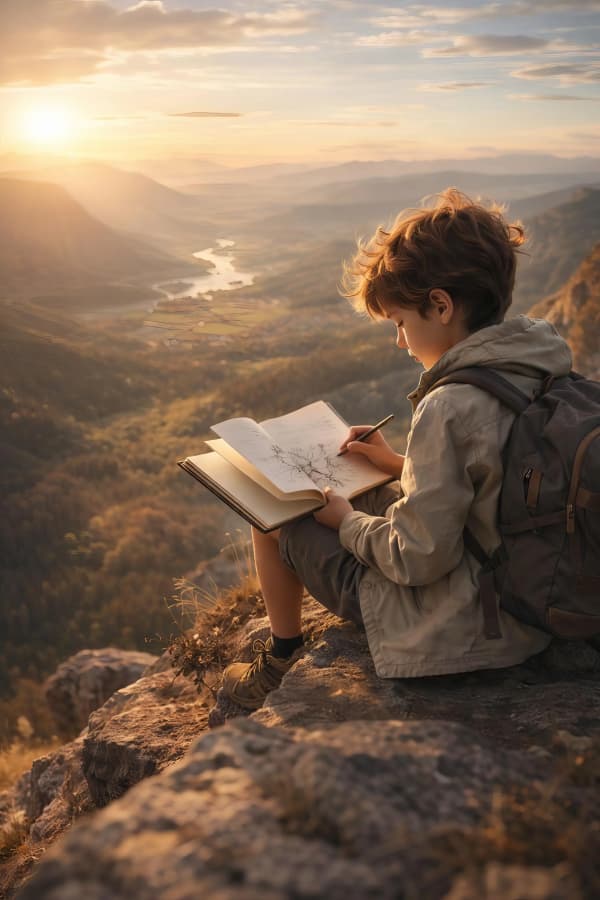 Boy reading map on mountain