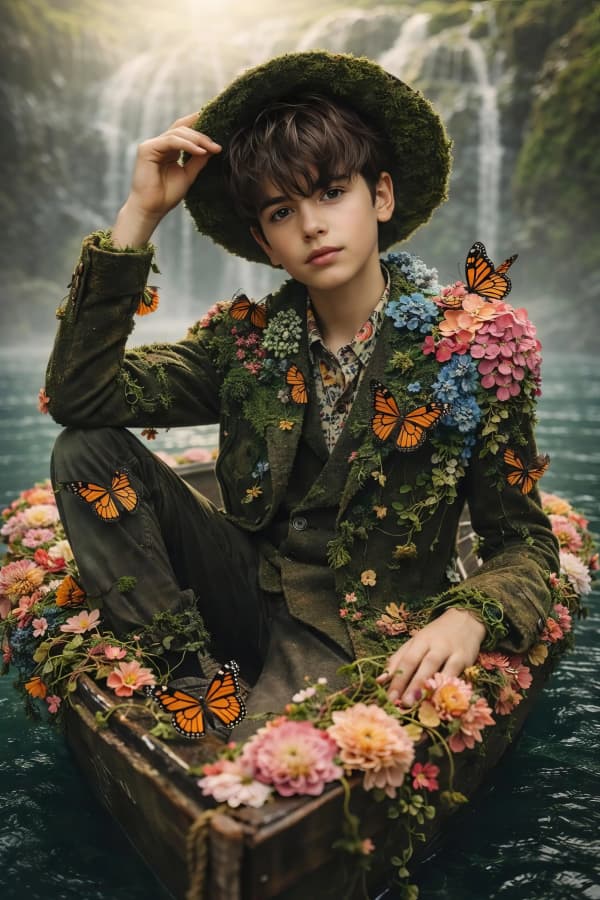 Boy sitting in forest