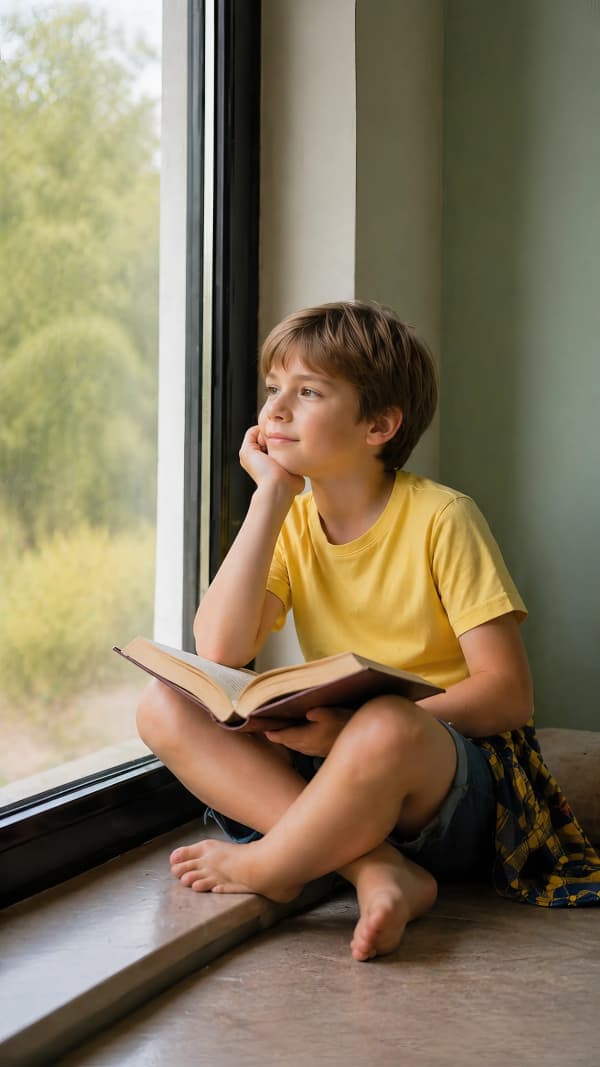 Boy reading by window