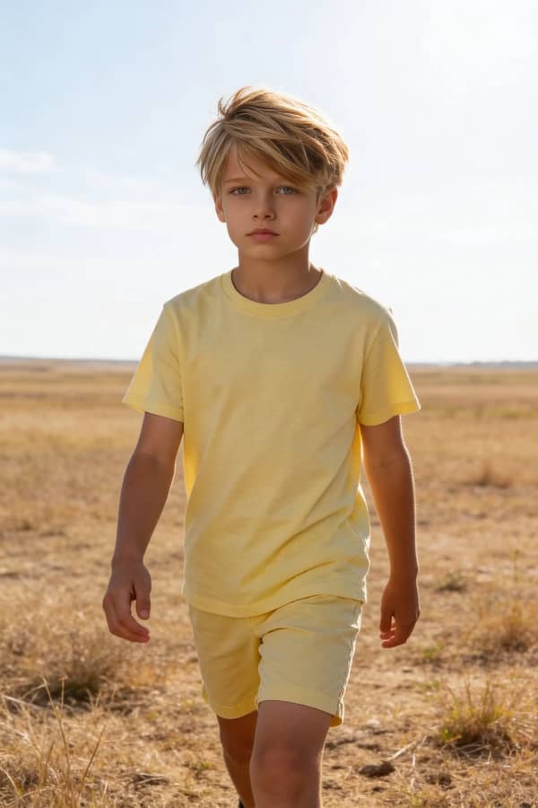 Boy walking in dry field