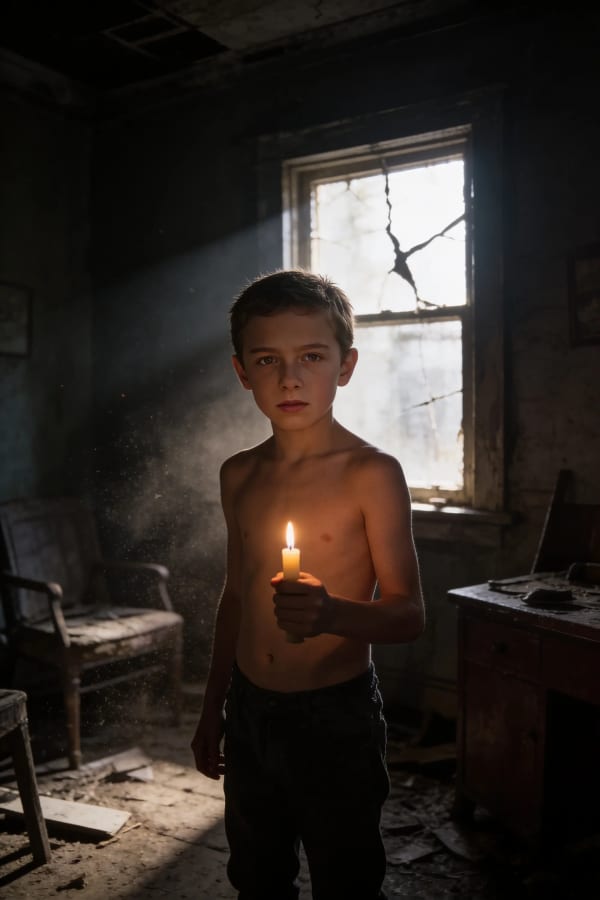 Boy holding candle in dark
