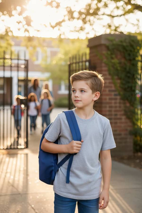 Boy with backpack on street