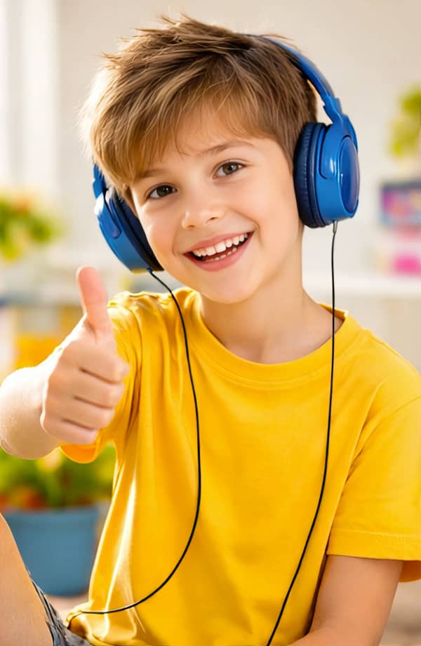 Boy with headphones giving thumbs up