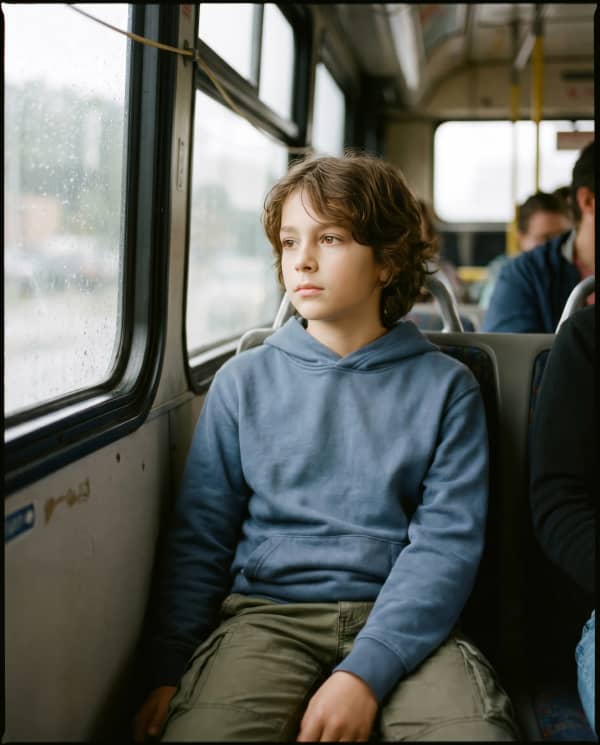 Boy sitting on bus