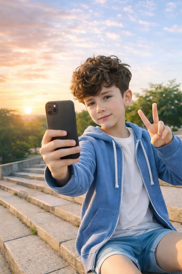 Boy taking selfie on street