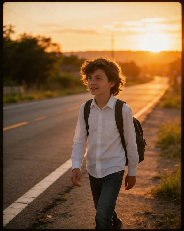Boy walking on road