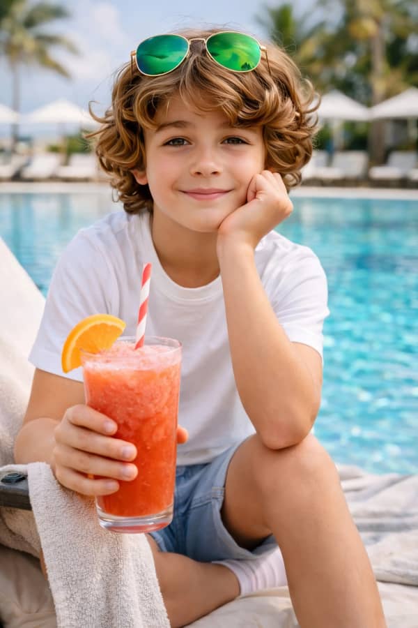 Boy with drink by pool