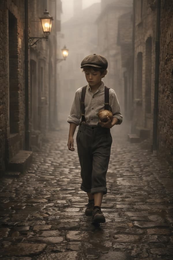 Boy walking on cobblestone