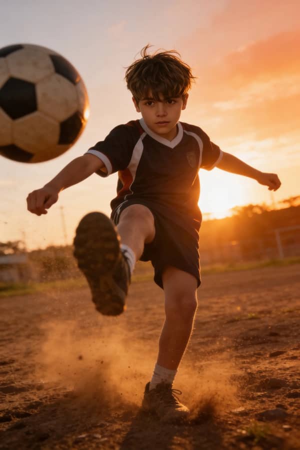 Boy kicking soccer ball in dust