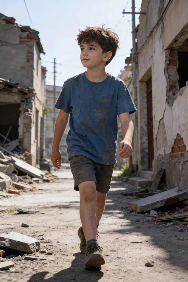 Boy walking in ruined street