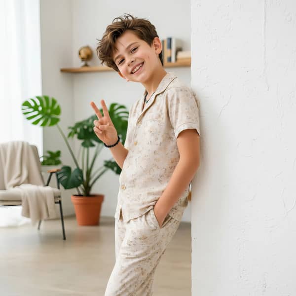 Boy Standing Cross Legged Pose By Plain Wall