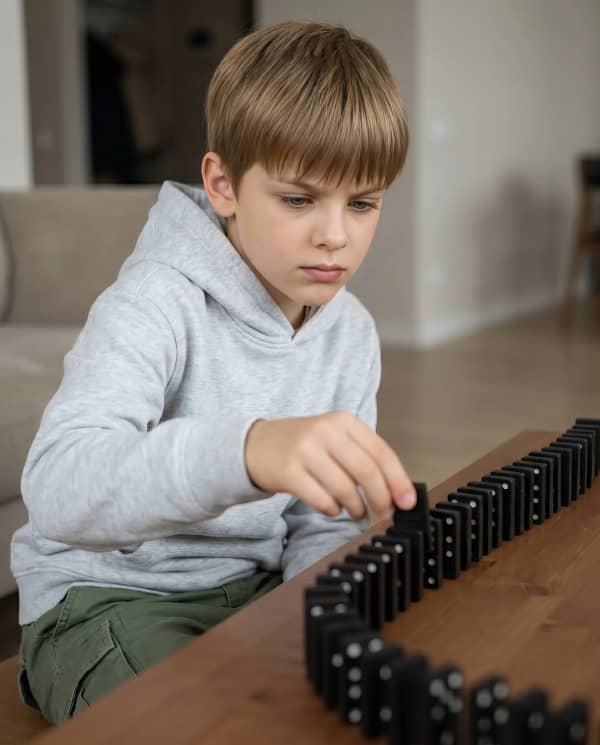 Boy building train tracks