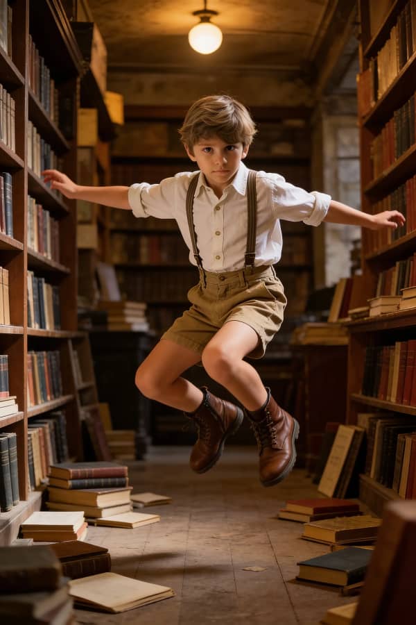 Boy reading on ladder