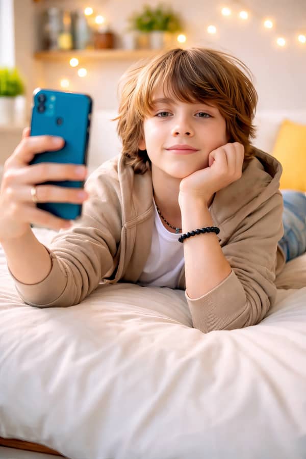 Boy taking selfie on bed