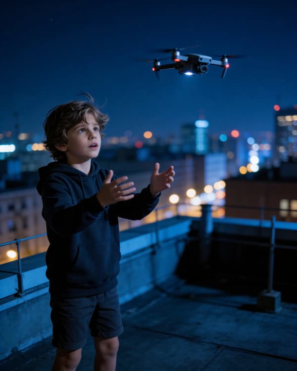 Boy flying drone at night