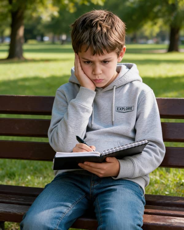 Boy writing on park bench