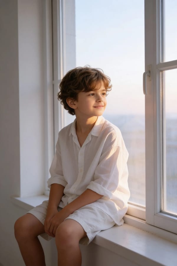 Boy sitting on windowsill