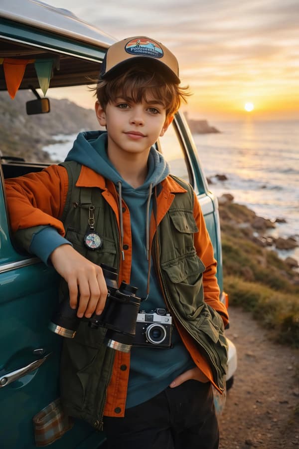Boy sitting on vintage van