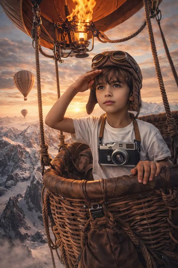 Boy in hot air balloon basket