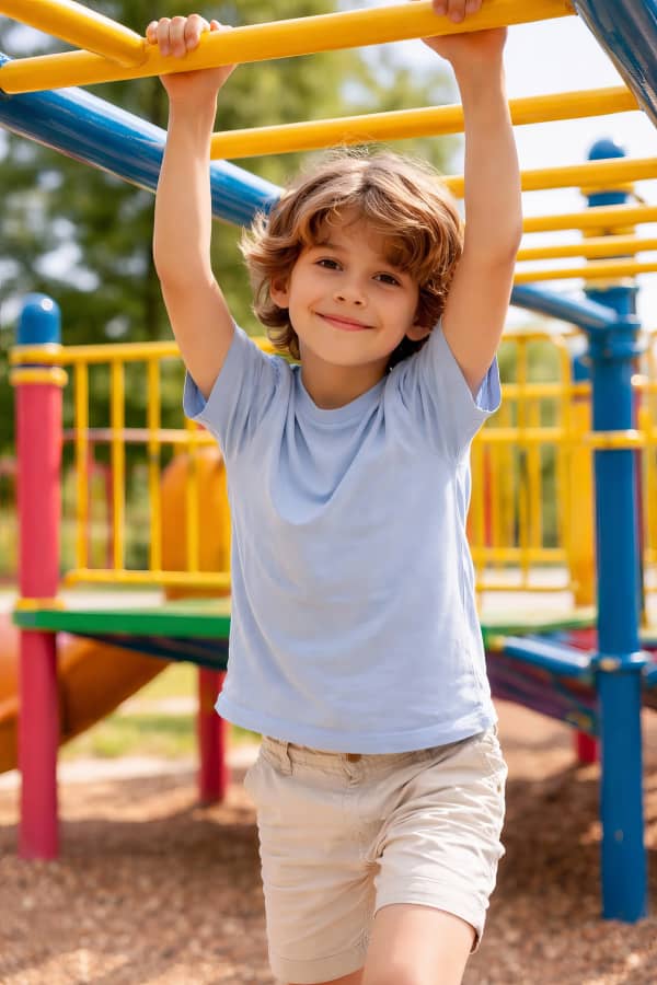 Boy hanging on playground bars