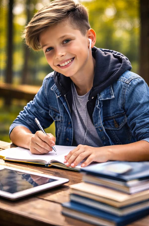 Boy reading book at desk