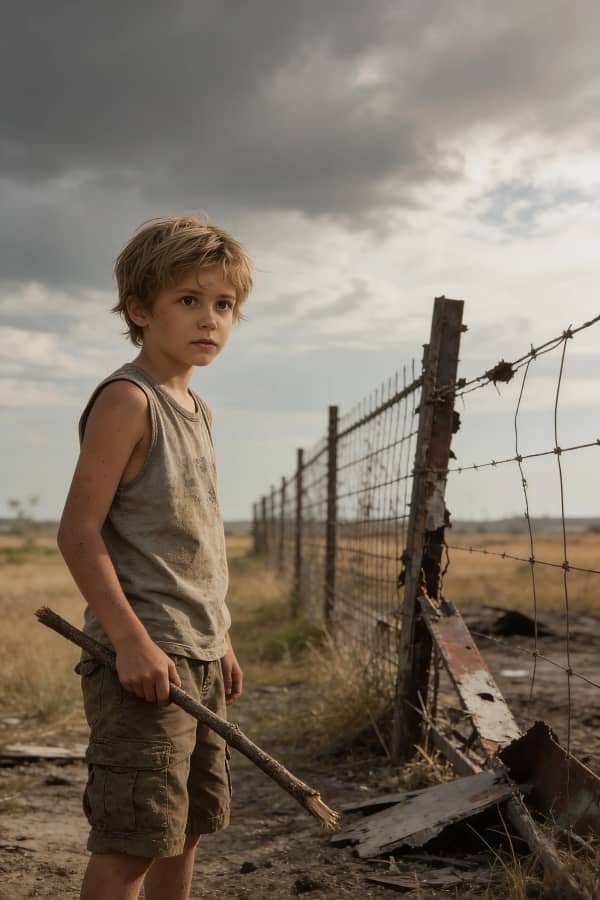 Boy by fence in dry field