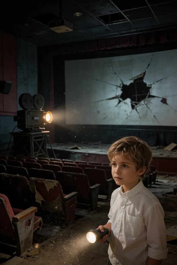 Boy with flashlight in theater