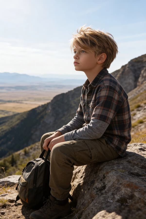 Boy sitting on rock edge