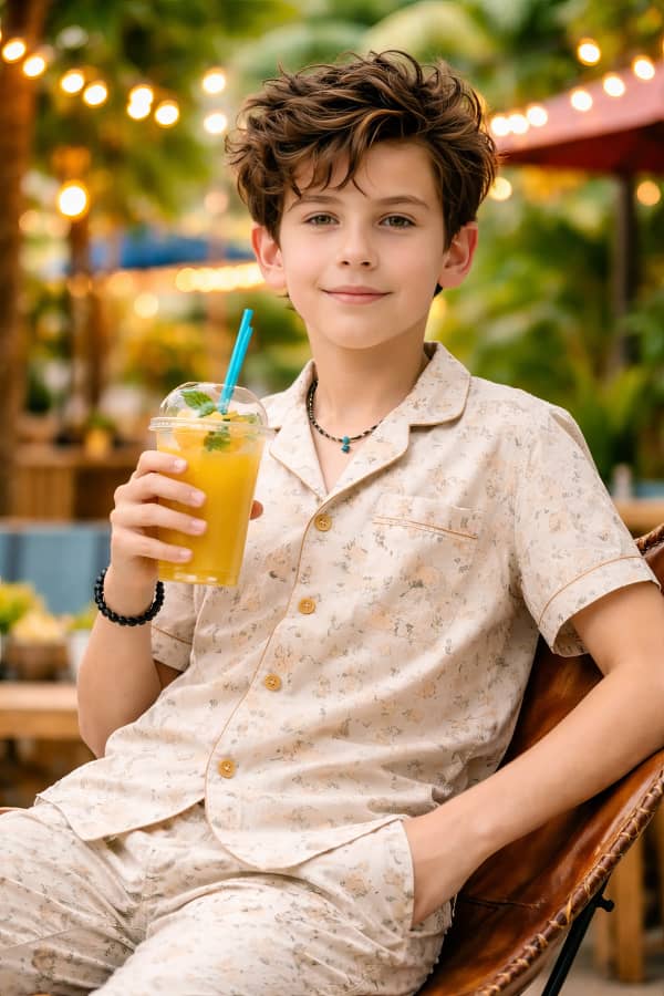 Boy drinking juice at cafe