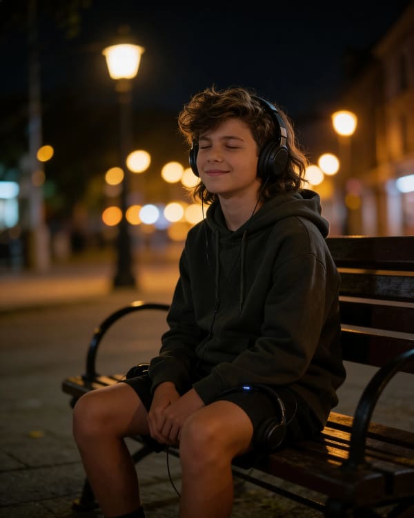 Boy under streetlamp