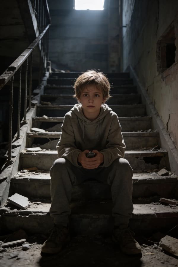 Boy sitting on dark stairs