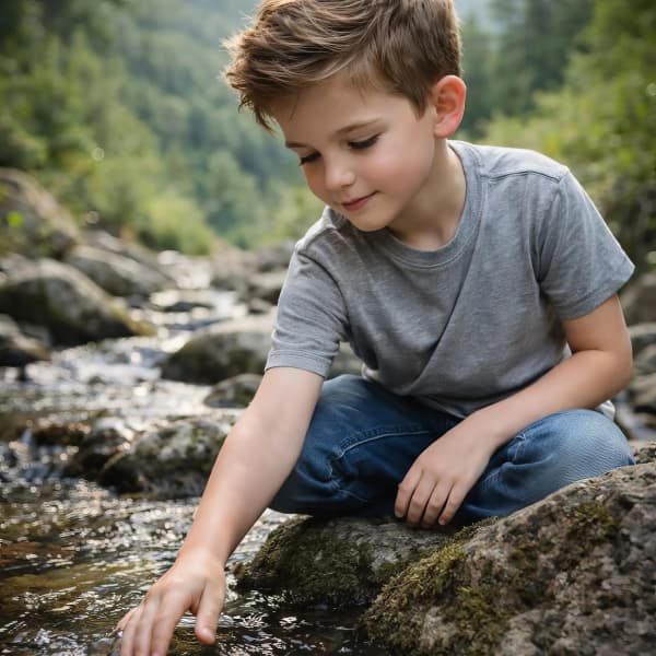 Boy touching stream water