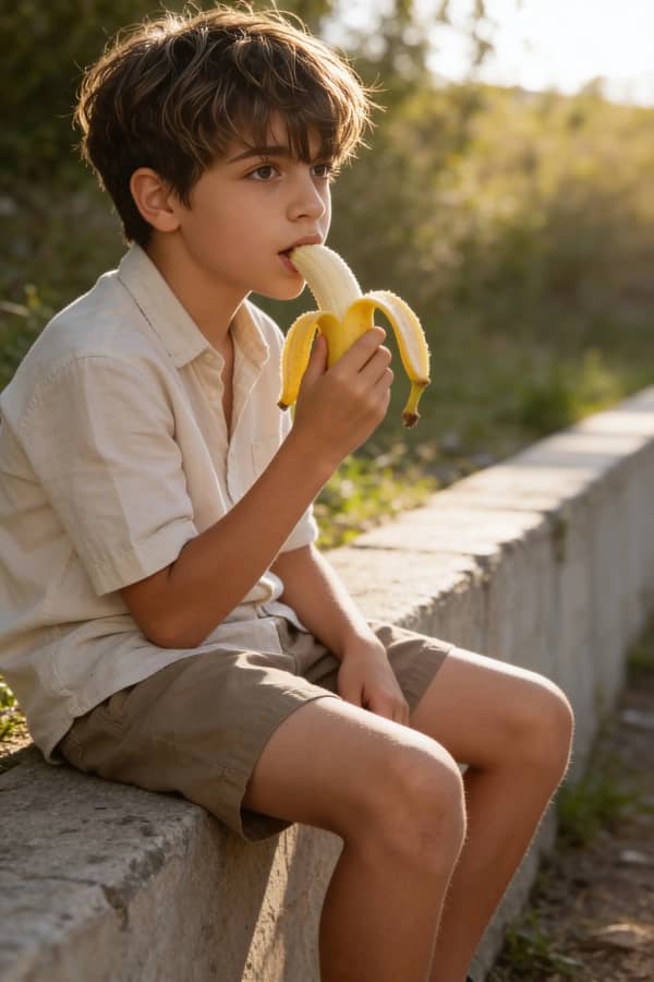 Boy eating fruit outdoors