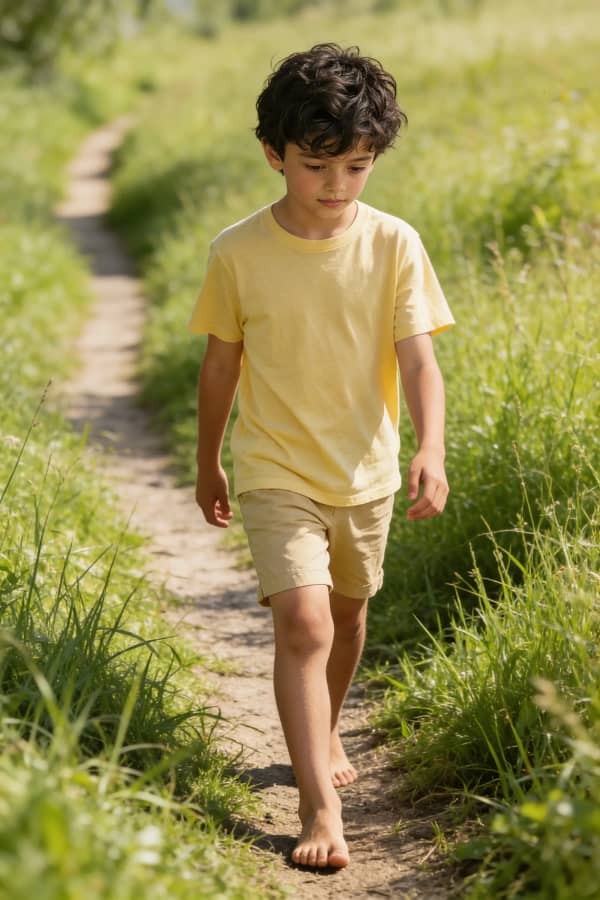 Boy walking on dirt path