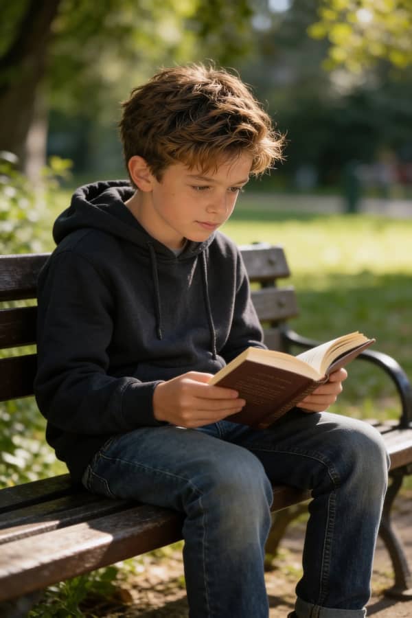 Boy reading on bench