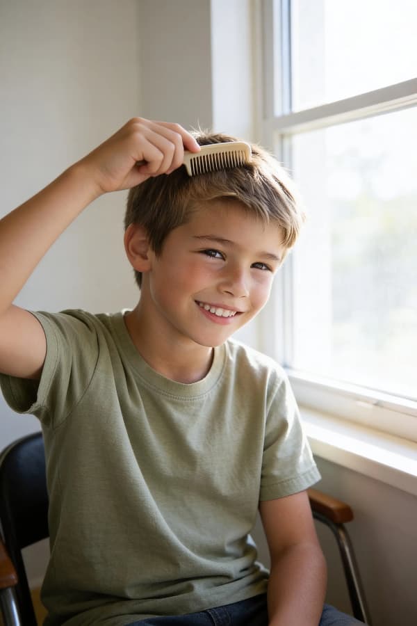 Boy sitting thoughtfully indoors