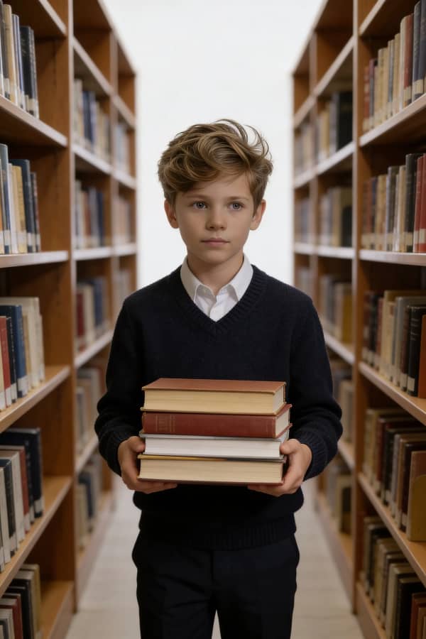 Boy holding books in library