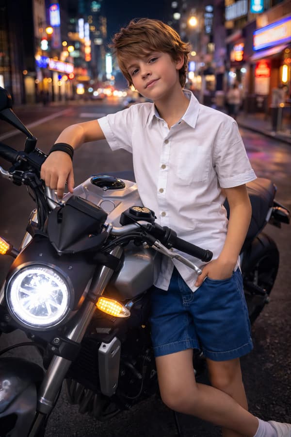 Boy leaning on motorcycle