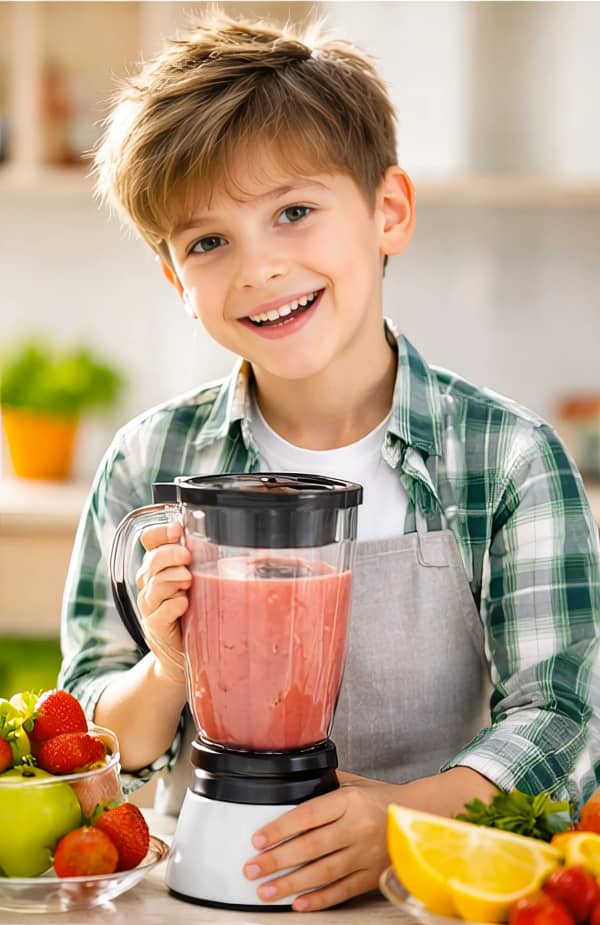 Boy at desk with cup and pencils