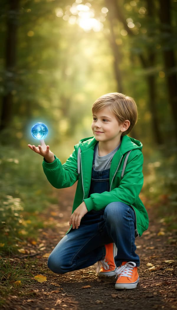 Boy crouching in forest