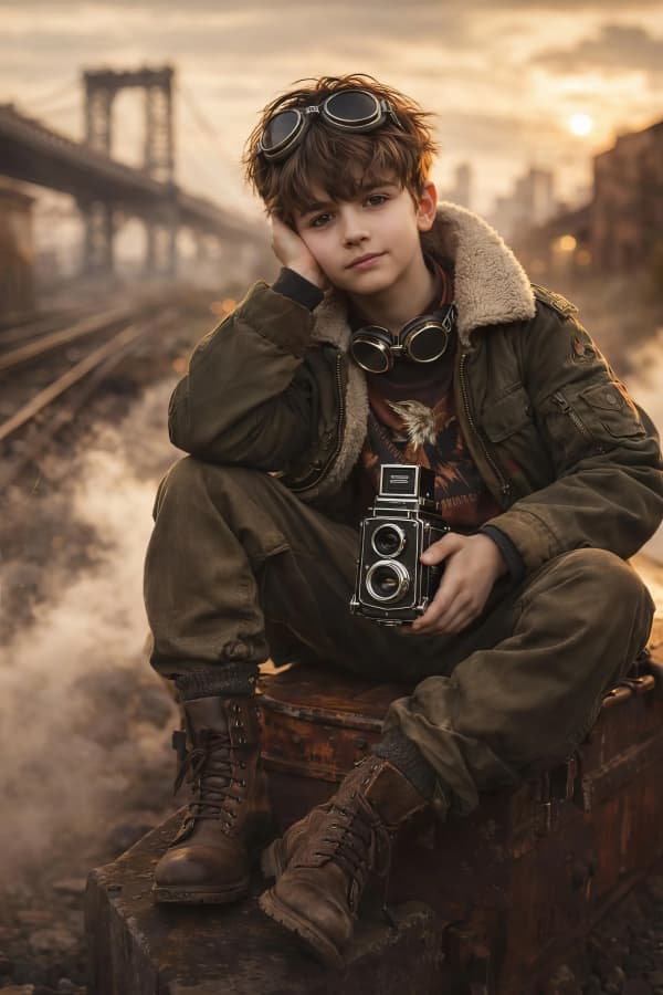 Boy with camera in city