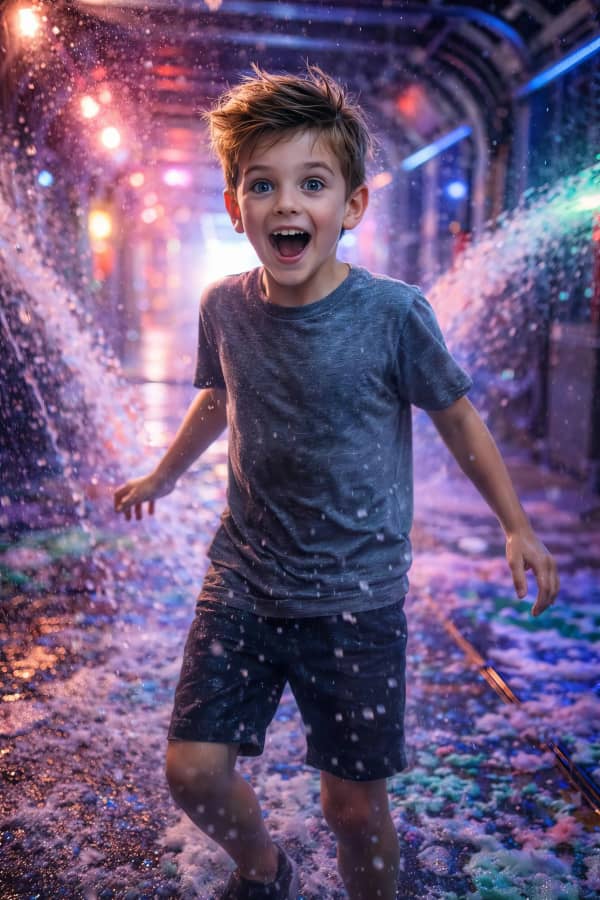 Boy in colorful lights