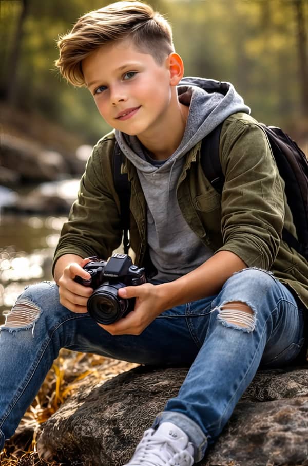 Boy sitting by lake